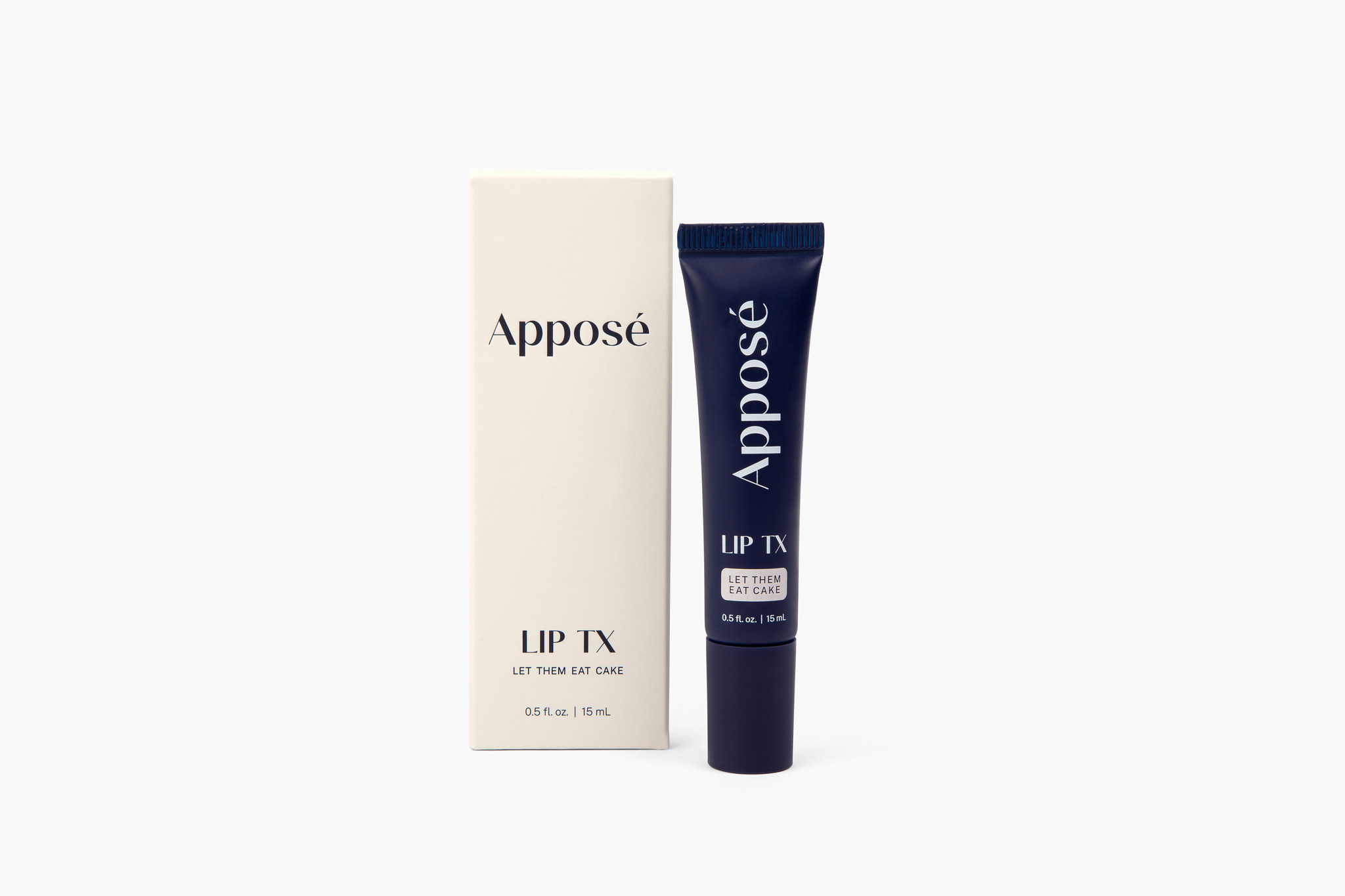 Apposé LipTX — 15 mL navy tube with cream carton, Let Them Eat Cake flavor